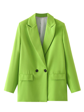 Shop Yellow-Green Lapel Collar Button Up Blazer with Pockets - High-Quality U.S. Made Women’s Fashion with Free & Fast Shipping