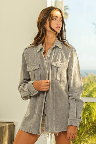 Shop Grey BiBi Button Up Corduroy Shacket - High-Quality U.S. Made Women’s Fashion with Free & Fast Shipping