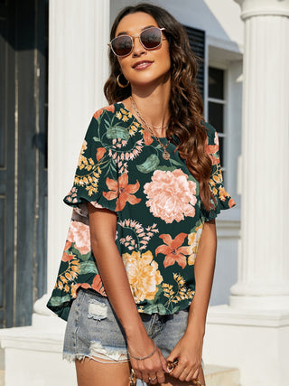 Shop Floral Ruffled Short Sleeve Blouse - High-Quality U.S. Made Women’s Fashion with Free & Fast Shipping