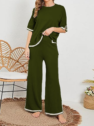 Shop Contrast High-Low Sweater and Knit Pants Set - High-Quality U.S. Made Women’s Fashion with Free Fast Shipping