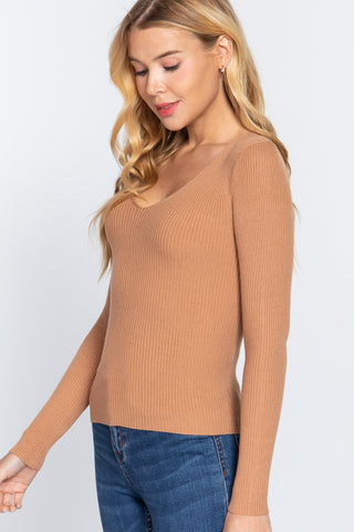 Shop ACTIVE BASIC V-Neck Fitted Viscose Rib Knit Top - High-Quality U.S. Made Women’s Fashion with Free & Fast Shipping