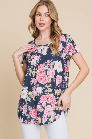 Shop BOMBOM Floral Round Neck Short Sleeve T-Shirt - High-Quality U.S. Made Women’s Fashion with Free & Fast Shipping