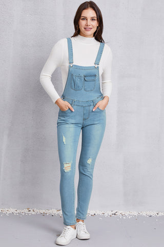 Shop Distressed Washed Denim Overalls with Pockets - High-Quality U.S. Made Women’s Fashion with Free Fast Shipping