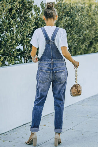 Shop Pocketed Distressed Denim Overalls - High-Quality U.S. Made Women’s Fashion with Free Fast Shipping