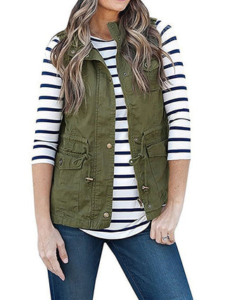 Shop Army Green Drawstring Waist Vest with Pockets - High-Quality U.S. Made Women’s Fashion with Free & Fast Shipping