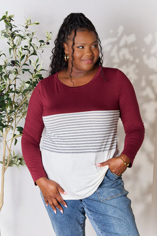 Shop Burgundy e.Luna Full Size Striped Contrast Long Sleeve Blouse - High-Quality U.S. Made Women’s Fashion with Free & Fast Shipping