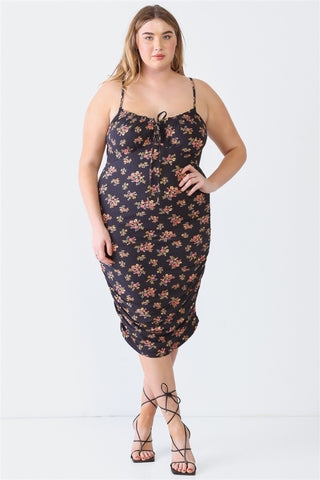 Shop Black Blue Leopard Plus Size Ruched Floral Square Neck Cami Dress - High-Quality U.S. Made Women’s Fashion with Free & Fast Shipping