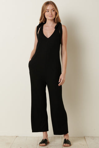 Shop Black Mittoshop Rib Knit V-Neck Cross Back Jumpsuit - High-Quality U.S. Made Women’s Fashion with Free & Fast Shipping