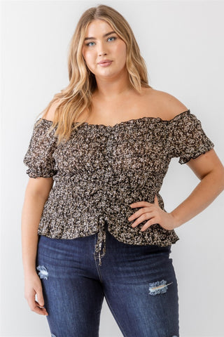 Shop Black Zenobia Plus Size Frill Ruched Off-Shoulder Short Sleeve Blouse - High-Quality U.S. Made Women’s Fashion with Free & Fast Shipping