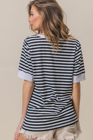 Shop BiBi Contrast Striped Notched Knit Top - High-Quality U.S. Made Women’s Fashion with Free & Fast Shipping