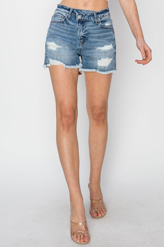 Shop RISEN Stepped Waist Frayed Denim Shorts - High-Quality U.S. Made Women’s Fashion with Free & Fast Shipping