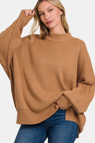 Shop Deep Camel Zenana Side Sit Oversize Sweater - High-Quality U.S. Made Women’s Fashion with Free & Fast Shipping