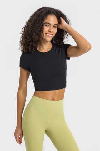 Shop Millennia Round Neck Short Sleeve Cropped Sports T-Shirt - High-Quality U.S. Made Women’s Fashion with Free & Fast Shipping