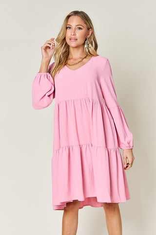 Shop Pink Double Take Full Size V-Neck Balloon Sleeve Tiered Dress with Pockets - High-Quality U.S. Made Women’s Fashion with Free & Fast Shipping