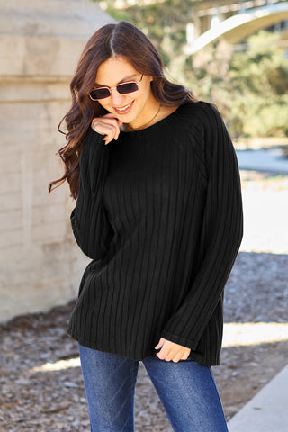 Shop Black Basic Bae Full Size Ribbed Round Neck Long Sleeve Knit Top - High-Quality U.S. Made Women’s Fashion with Free & Fast Shipping