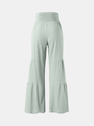 Shop Light Green Tied Ruched Wide Leg Pants - High-Quality U.S. Made Women’s Fashion with Free & Fast Shipping