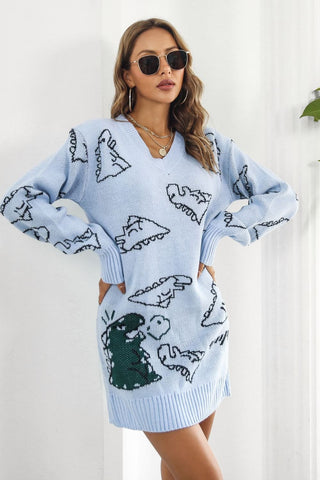 Shop Dinosaur Pattern V-Neck Sweater Dress - High-Quality U.S. Made Women’s Fashion with Free & Fast Shipping