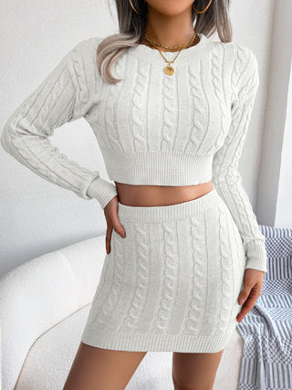 Shop Cable-Knit Round Neck Top and Skirt Sweater Set - High-Quality U.S. Made Women’s Fashion with Free Fast Shipping