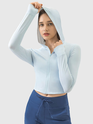 Shop Light Blue Millennia Zip Up Hooded Long Sleeve Active Outerwear - High-Quality U.S. Made Women’s Fashion with Free & Fast Shipping