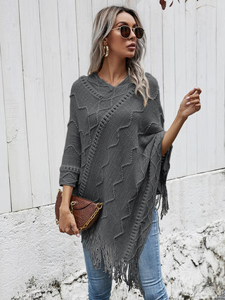 Shop Texture Fringe Hem Poncho - High-Quality U.S. Made Women’s Fashion with Free & Fast Shipping