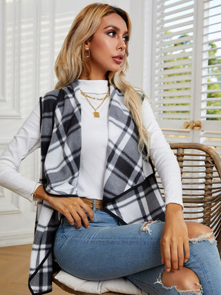 Shop Shiny Plaid Open Front Vest - High-Quality U.S. Made Women’s Fashion with Free & Fast Shipping