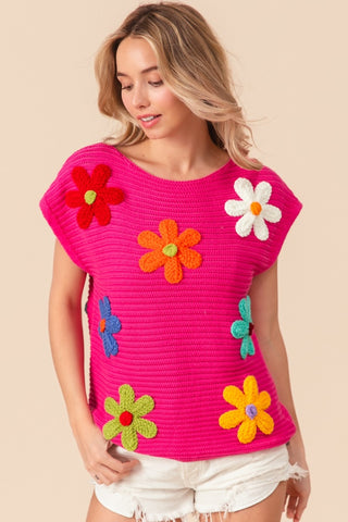 Shop BiBi Flower Round Neck Cap Sleeve Knit Top - High-Quality U.S. Made Women’s Fashion with Free & Fast Shipping