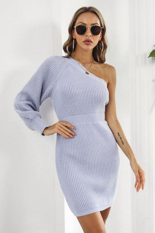 Shop One Shoulder Raglan Sleeve Pencil Sweater Dress - High-Quality U.S. Made Women’s Fashion with Free Fast Shipping