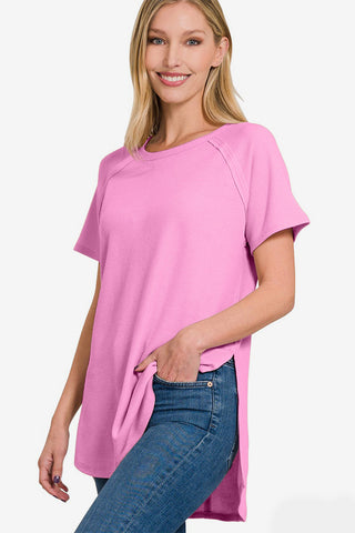 Shop Zenana Slit Round Neck Short Sleeve Waffle Top - High-Quality U.S. Made Women’s Fashion with Free & Fast Shipping