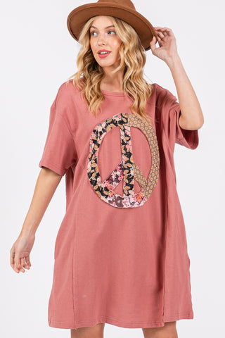 Shop SAGE + FIG Full Size Peace Sign Applique Short Sleeve Tee Dress - High-Quality U.S. Made Women’s Fashion with Free & Fast Shipping