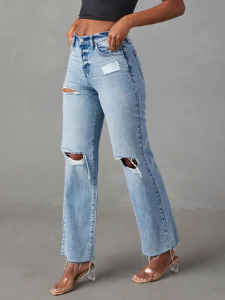 Shop Distressed Straight Leg Jeans with Pockets - High-Quality U.S. Made Women’s Fashion with Free & Fast Shipping