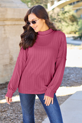 Shop Hot Pink Basic Bae Full Size Ribbed Exposed Seam Mock Neck Knit Top - High-Quality U.S. Made Women’s Fashion with Free & Fast Shipping