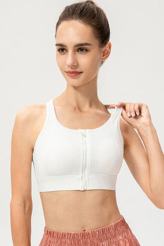 Shop White Zip-Up Round Neck Sports Bra - High-Quality U.S. Made Women’s Fashion with Free & Fast Shipping