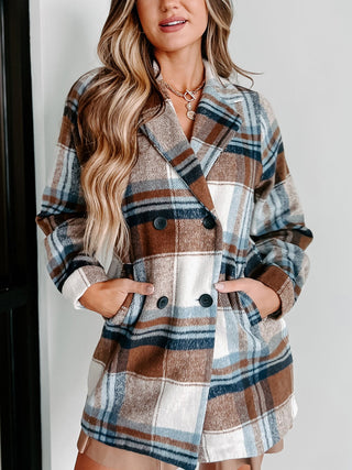 Shop Khaki Plaid Double-Breasted Long Sleeve Coat - High-Quality U.S. Made Women’s Fashion with Free & Fast Shipping