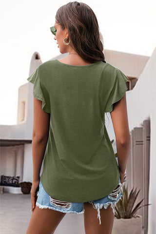 Shop Matcha Green Ruffled Round Neck Cap Sleeve Blouse - High-Quality U.S. Made Women’s Fashion with Free & Fast Shipping