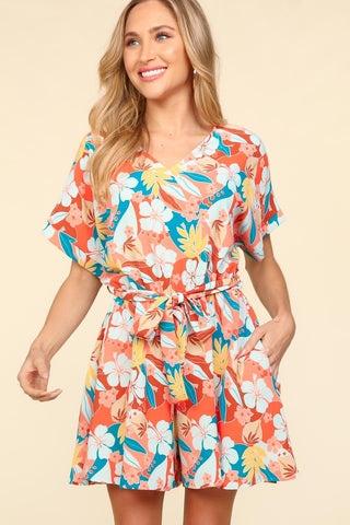 Shop Haptics Tropical Floral Short Sleeve Tied Romper - High-Quality U.S. Made Women’s Fashion with Free & Fast Shipping