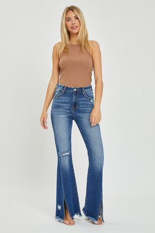 Shop RISEN Full Size High Rise Front Slit Frayed Hem Flare Jeans - High-Quality U.S. Made Women’s Fashion with Free & Fast Shipping