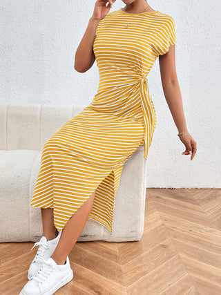 Shop Honey Tied Striped Round Neck Short Sleeve Tee Dress - High-Quality U.S. Made Women’s Fashion with Free Fast Shipping