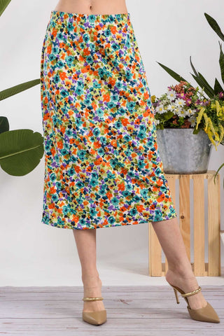 Shop Green Floral Celeste Full Size Floral A-Line Midi Skirt - High-Quality U.S. Made Women’s Fashion with Free & Fast Shipping