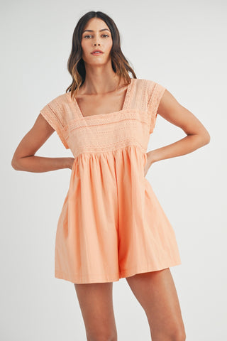 Shop Peach MABLE Square Neck Lace Trim Romper - High-Quality U.S. Made Women’s Fashion with Free & Fast Shipping