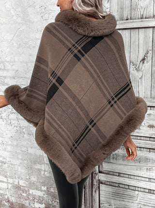 Shop Plaid Faux Fur Trim Poncho - High-Quality U.S. Made Women’s Fashion with Free Fast Shipping