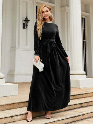 Shop Black Tie Front Round Neck Long Sleeve Maxi Dress - High-Quality U.S. Made Women’s Fashion with Free & Fast Shipping