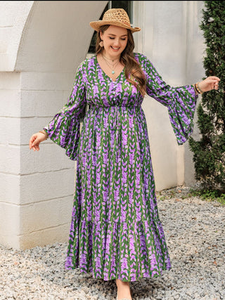 Shop Plus Size Printed V-Neck Long Sleeve Maxi Dress - High-Quality U.S. Made Women’s Fashion with Free Fast Shipping