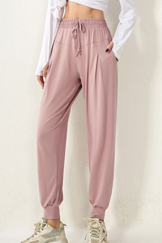 Shop Dusty Pink Drawstring High Waist Active Pants - High-Quality U.S. Made Women’s Fashion with Free & Fast Shipping