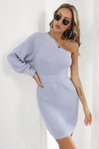 Shop One Shoulder Raglan Sleeve Pencil Sweater Dress - High-Quality U.S. Made Women’s Fashion with Free & Fast Shipping