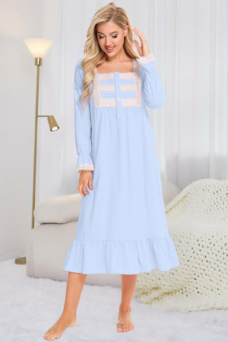 Shop Pastel Blue Lace Detail Square Neck Flounce Sleeve Night Dress - High-Quality U.S. Made Women’s Fashion with Free & Fast Shipping