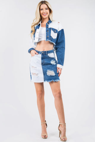 Shop American Bazi Contrast Patched Frayed Denim Distressed Skirts - High-Quality U.S. Made Women’s Fashion with Free & Fast Shipping