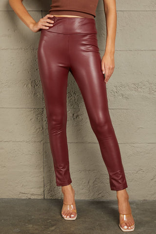 Shop Burgundy PU High Waist Straight Pants - High-Quality U.S. Made Women’s Fashion with Free & Fast Shipping