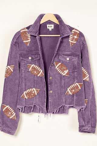 Shop BiBi Football Sequin Embroidery Washed Corduroy Jacket - High-Quality U.S. Made Women’s Fashion with Free & Fast Shipping