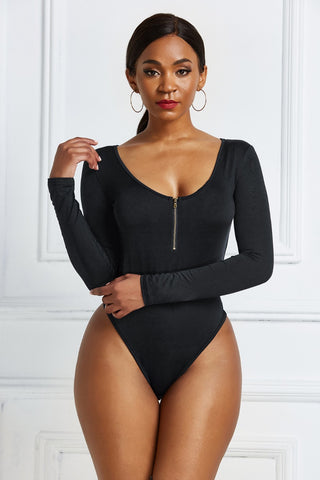 Shop Black Half Zip Scoop Neck Long Sleeve Bodysuit - High-Quality U.S. Made Women’s Fashion with Free & Fast Shipping