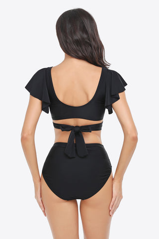 Shop Two-Tone Flutter Sleeve Tied Two-Piece Swimsuit - High-Quality U.S. Made Women’s Fashion with Free Fast Shipping